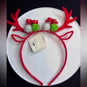 Mint Reindeer Festive Holiday Headband Red White and Green Pompoms
